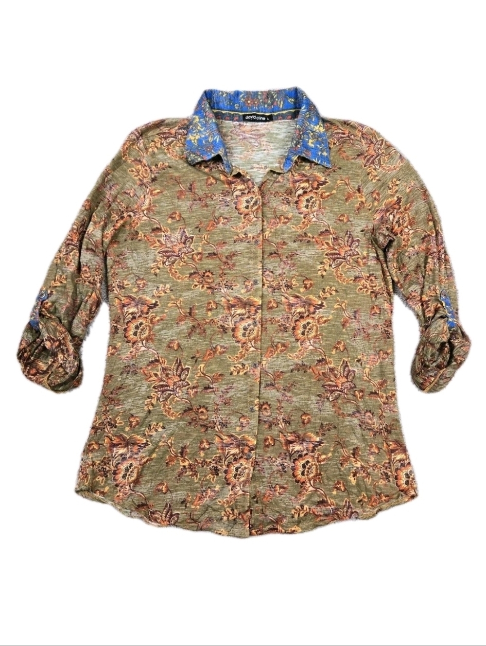 David Cline Snap Front Top Roll Tab Sleeve Floral Sheer Boho Artsy Victorian